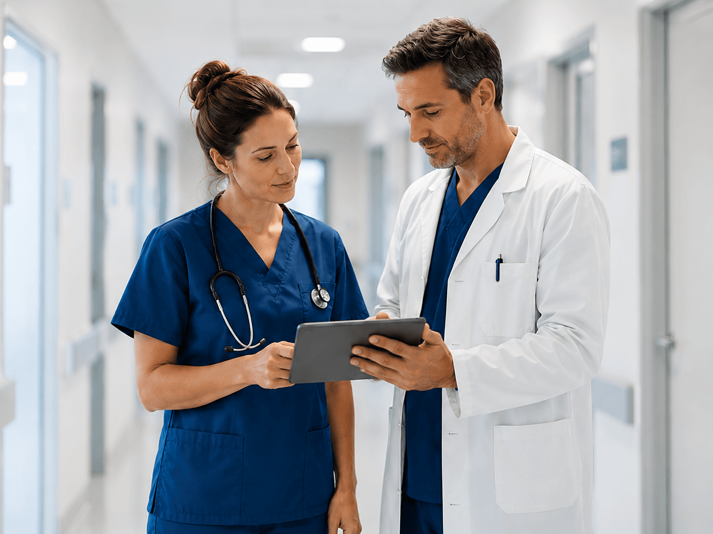 Two healthcare professionals reviewing patient information together